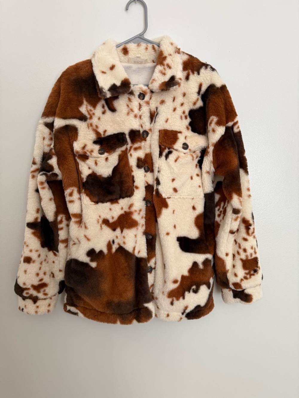 BKE Faux Fur Cow Print Shacket in Cream and Brown